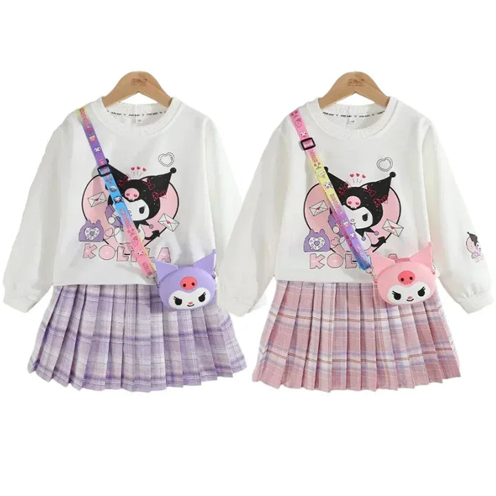 Children Clothes Set Spring Autumn Kids Kuromi Long Sleeved Sweater Tops+Checkered Pleated Skirt 2pce Teen Girls Preppy Clothing