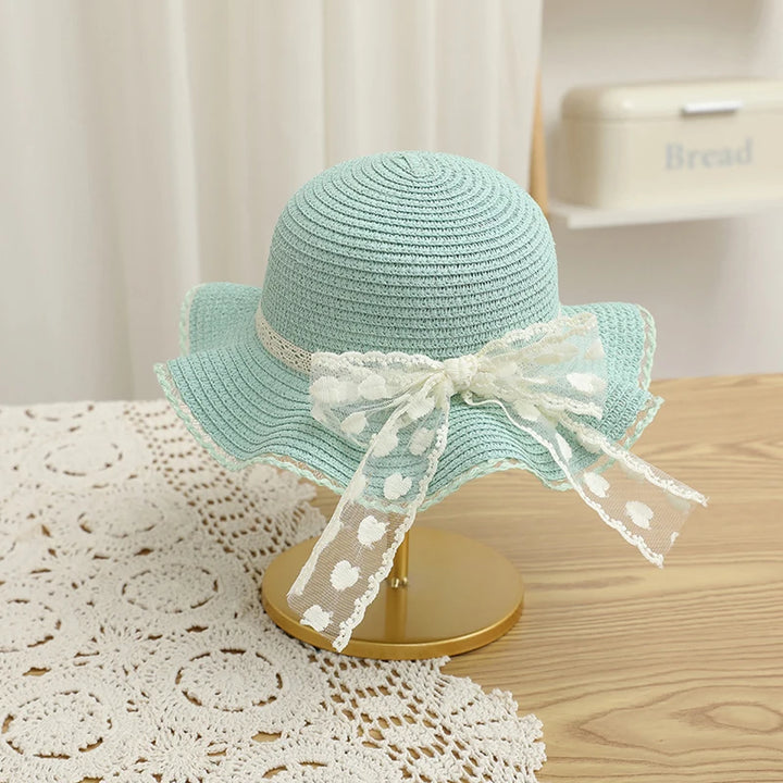 Pudcoco Infant Girl Summer Straw Hat and Bag Set Lace Bow Wide Brim Cap with Shoulder Bag for Beach