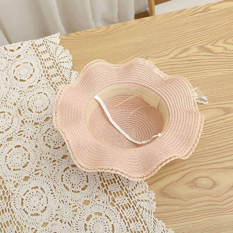 Pudcoco Infant Girl Summer Straw Hat and Bag Set Lace Bow Wide Brim Cap with Shoulder Bag for Beach