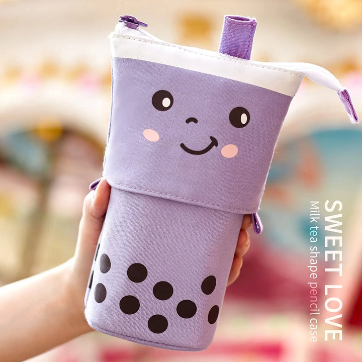 Standing Milk Tea Pencil Case Cute Telescopic Pen Holder Stationery Pouch Pen Box for School Students Office Supplies Pencil Bag