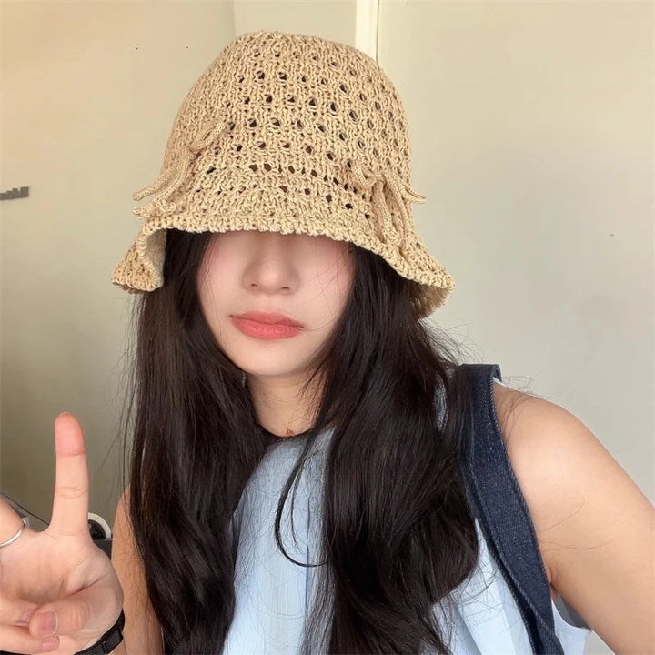 Ins Sweet Bow Hollow Bucket Hats for Women and Men Spring Summer Fashion Versatile Show Face Small Cute Dome Basin Caps