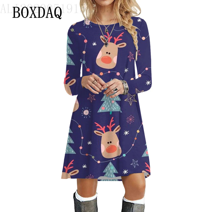 Winter Christmas Tree Party Dresses Women Cute Elk Print A-Line Dress Autumn Long Sleeve Casual Clothing Oversized Ladies Dress