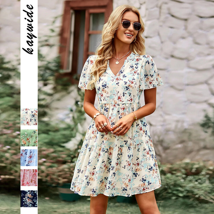 High Quality 2024 Spring Summer Stand Up Collar V-neck Chiffon Printed A-line Dress with Flying Sleeves Elegant Dress Vestidos