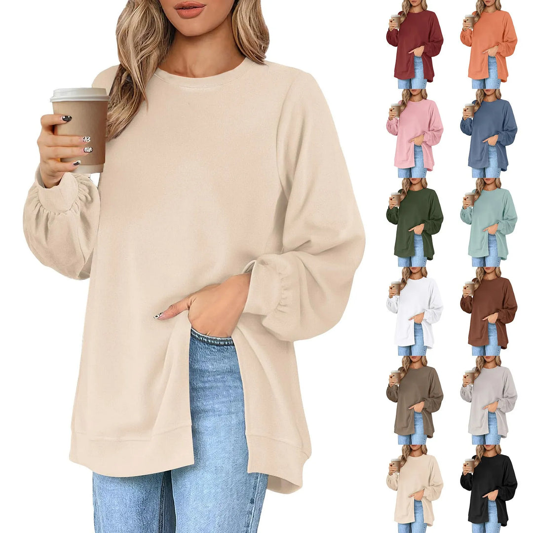 Harajuku Style Solid Color Fashion Round Neck Button Split Sweatshirt Basic Streetwear Loose Long Sleeve Top For Girls