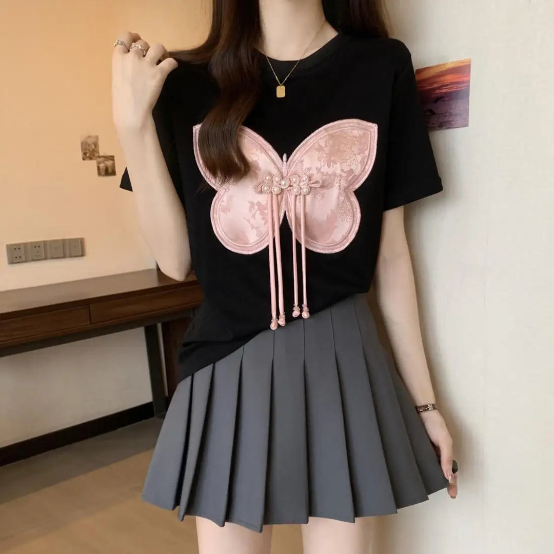 Women Summer Chinese Style Bow Black Slim O-neck Thin Short Sleeve Party Tee Shirt Women Clothing Fashion Embroidered Top Tee