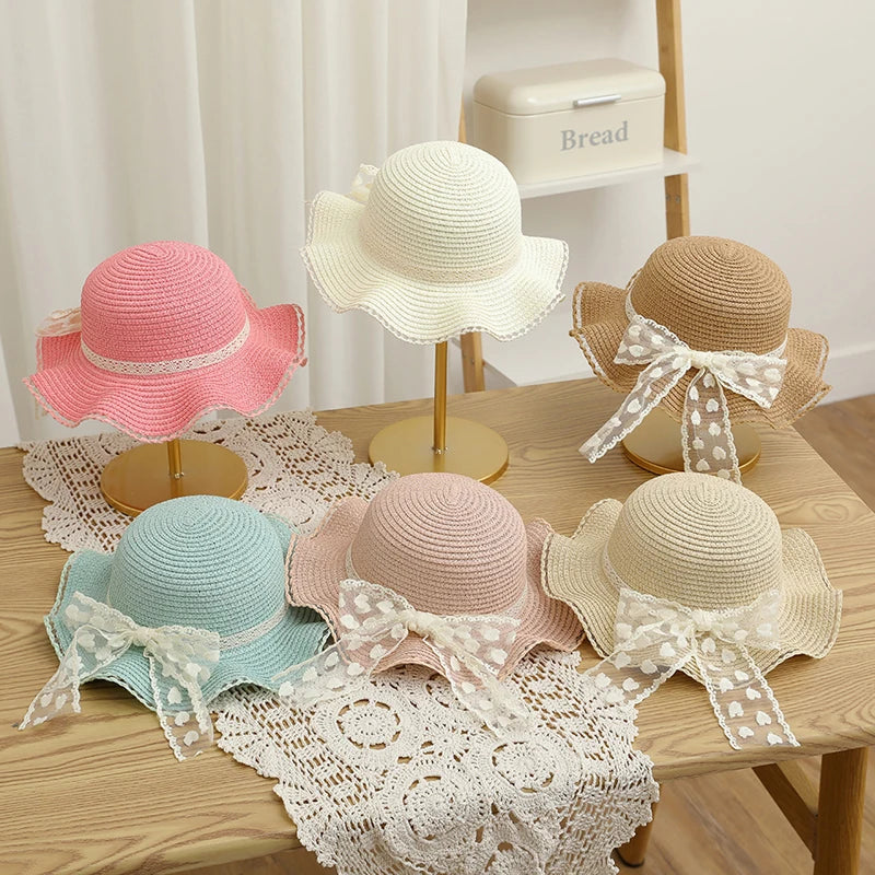 Pudcoco Infant Girl Summer Straw Hat and Bag Set Lace Bow Wide Brim Cap with Shoulder Bag for Beach