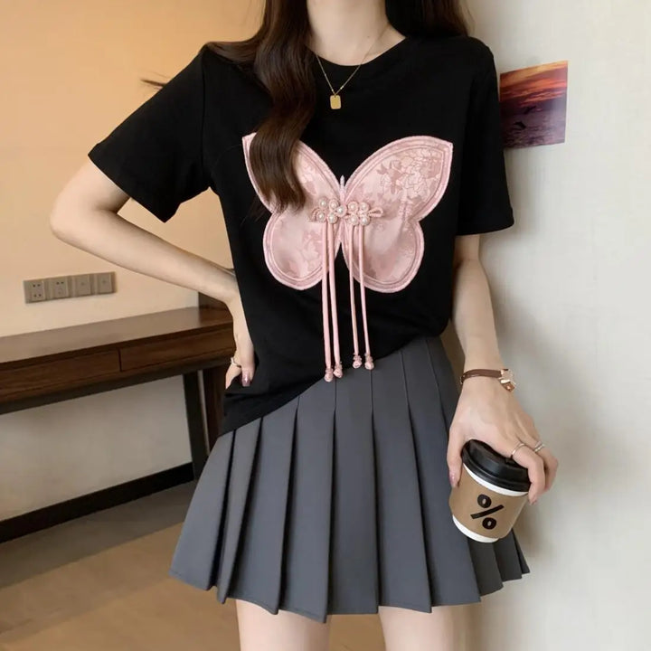 Women Summer Chinese Style Bow Black Slim O-neck Thin Short Sleeve Party Tee Shirt Women Clothing Fashion Embroidered Top Tee