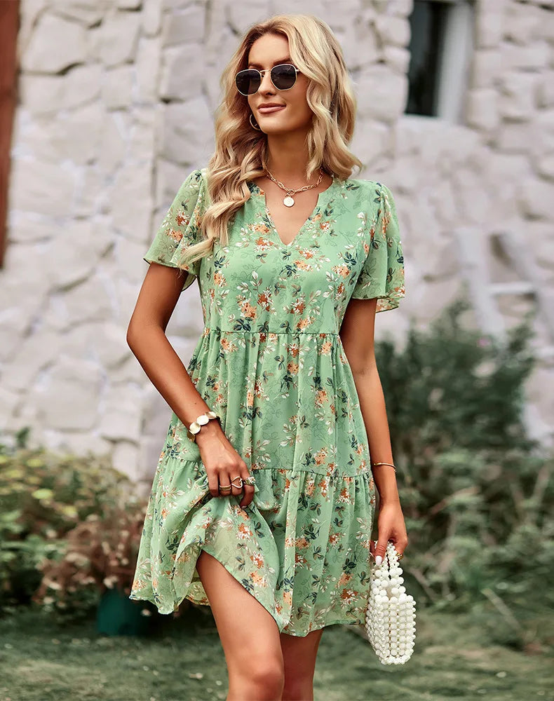 High Quality 2024 Spring Summer Stand Up Collar V-neck Chiffon Printed A-line Dress with Flying Sleeves Elegant Dress Vestidos