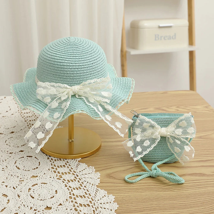 Pudcoco Infant Girl Summer Straw Hat and Bag Set Lace Bow Wide Brim Cap with Shoulder Bag for Beach