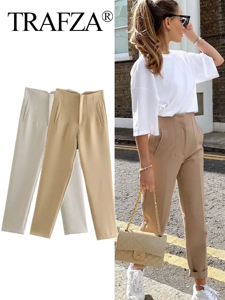 Women Elegant Solid Pencil Pants High Waist Casual Pants