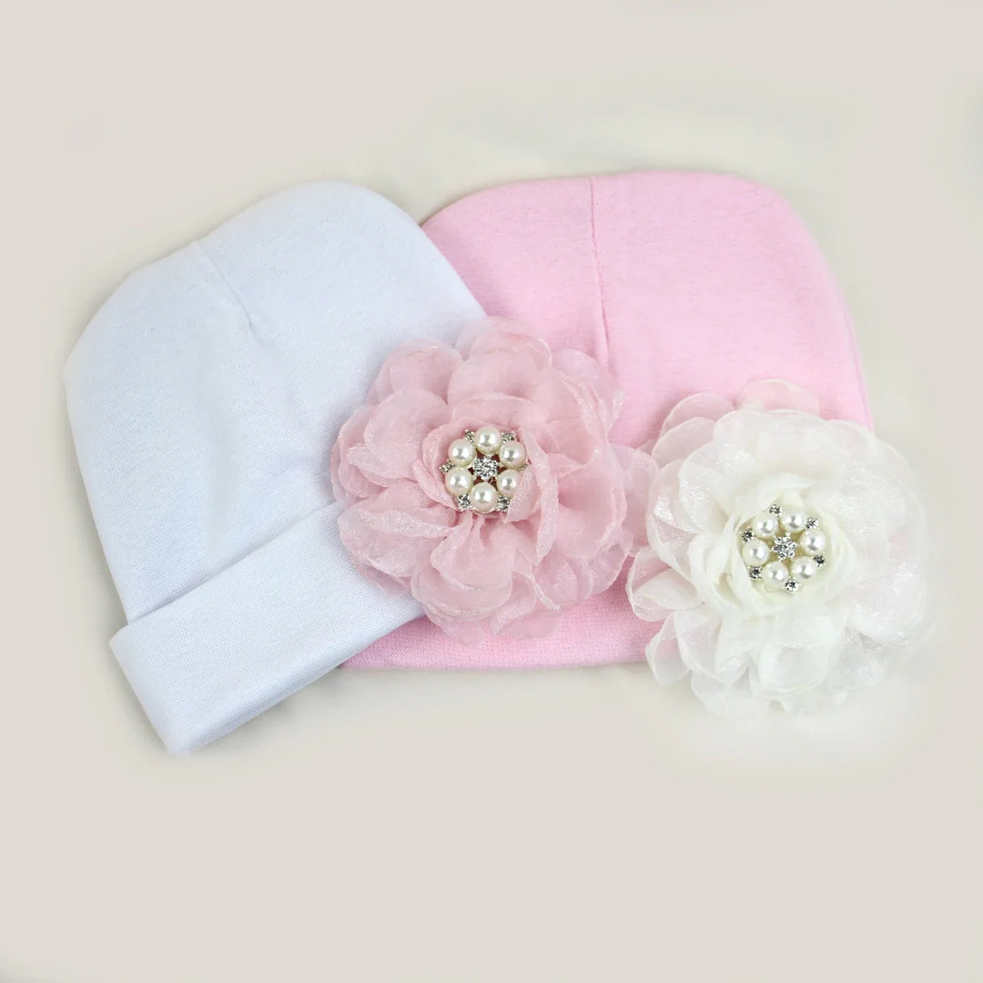 0-6Months Newborn Cotton Bonnet with Chiffon Flower Diamond Baby Girls Hospital New Born Hat Pink White Beanie Cute Hat for Baby