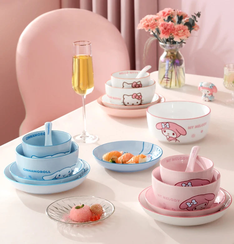 MINISO Sanrio Tableware Cinnamoroll Bowl Spoon Plate Children's Cute Ceramic Tableware Kitchen Utensil Set Food Storage Gifts