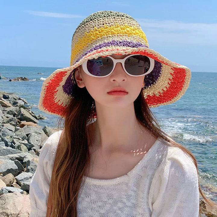 Rainbow Straw Hat For Women Summer Sun Visor Handmade Crochet Big Brim Bucket Hats Ladies Beach Sun Hat Boho Girl's Fashion Caps