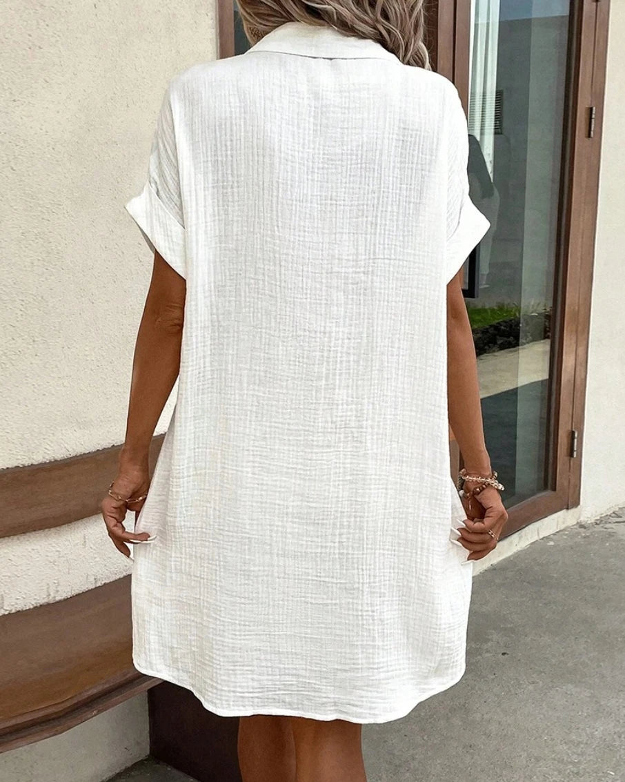 Vintage Women Solid Mini Dress Summer Fashion V-neck Three Quater Sleeve Cotton Linen Dress Ladies Casual Holiday Vestidos