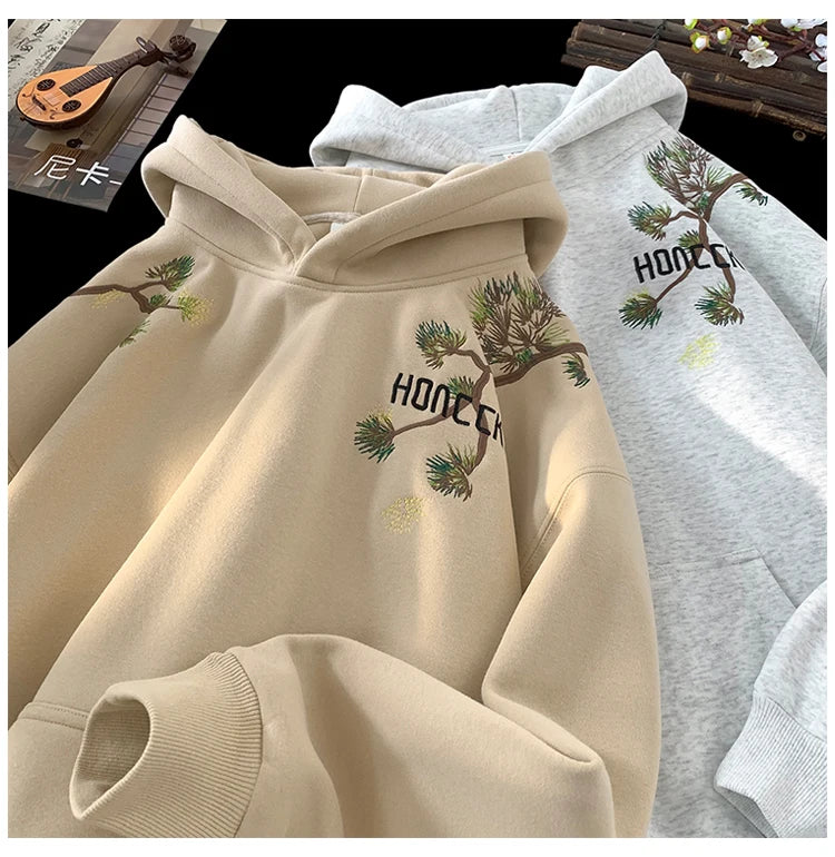 Retro Men Hoodies Letter Embroidered Oversized Hoodie Fashion Loose Pullover Hip Hop Hooded Sweatshirt Man Women Clothing