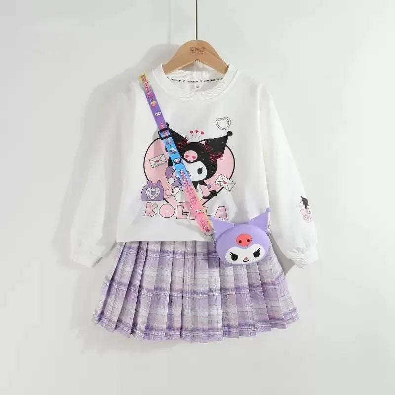 Children Clothes Set Spring Autumn Kids Kuromi Long Sleeved Sweater Tops+Checkered Pleated Skirt 2pce Teen Girls Preppy Clothing