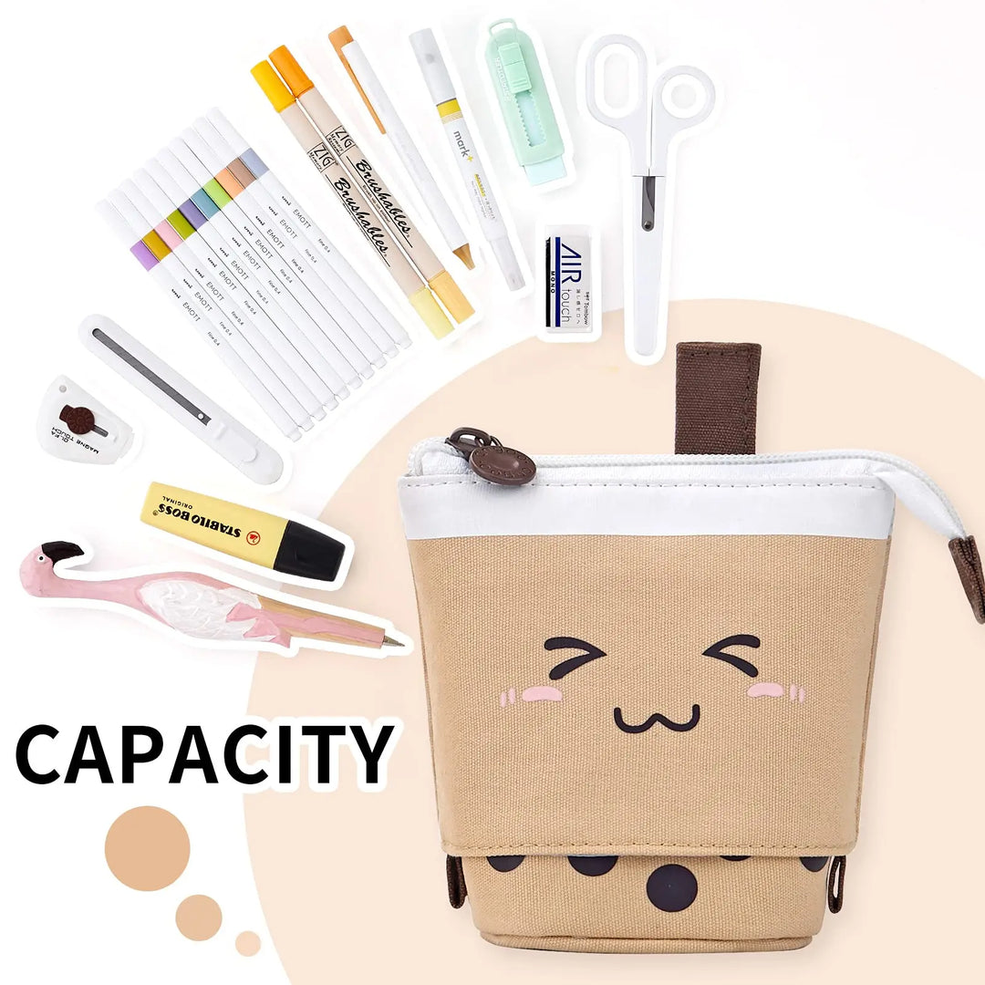 Standing Milk Tea Pencil Case Cute Telescopic Pen Holder Stationery Pouch Pen Box for School Students Office Supplies Pencil Bag