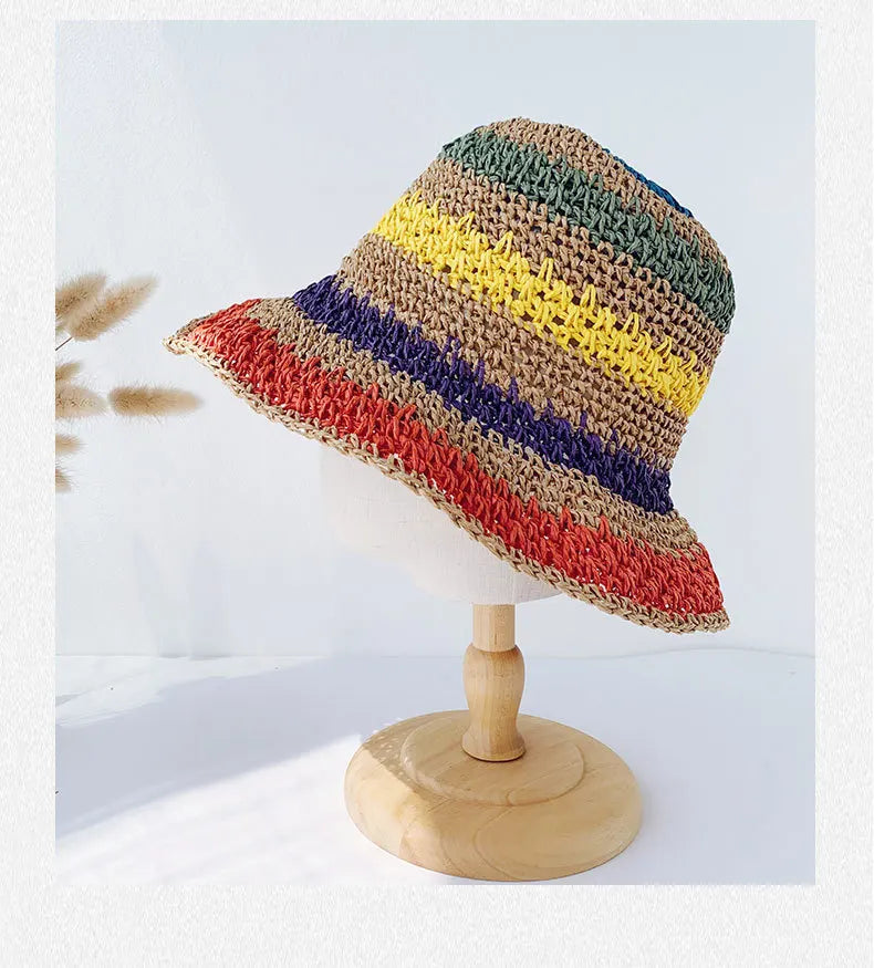 Rainbow Straw Hat For Women Summer Sun Visor Handmade Crochet Big Brim Bucket Hats Ladies Beach Sun Hat Boho Girl's Fashion Caps