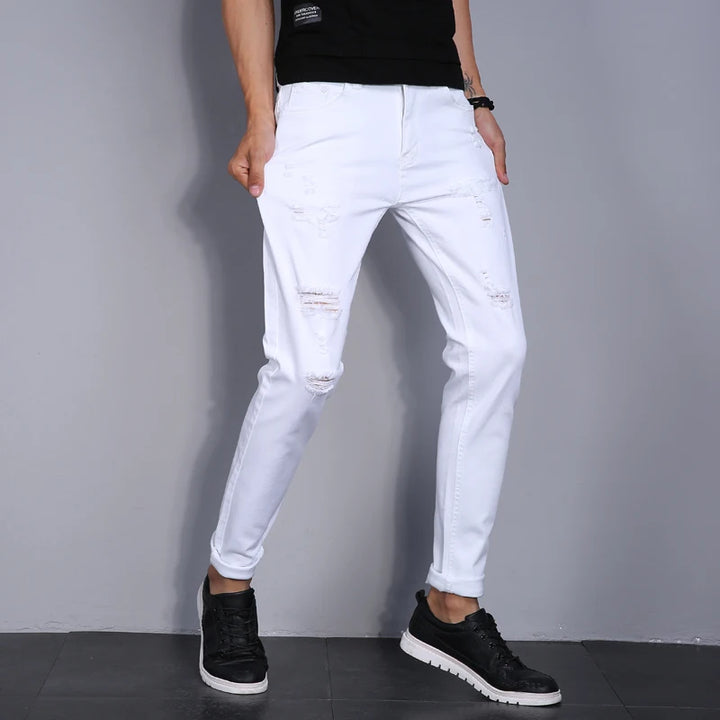 High Street Fashion Men Jeans White Elastic Stretch Skinny Jeans Korea Men Ripped Designer Hip Hop Denim Pants Hombre