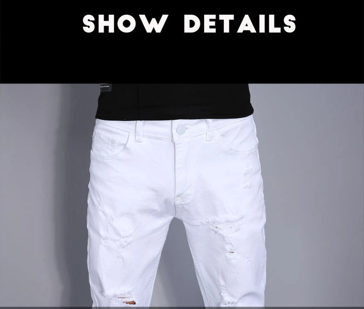 High Street Fashion Men Jeans White Elastic Stretch Skinny Jeans Korea Men Ripped Designer Hip Hop Denim Pants Hombre