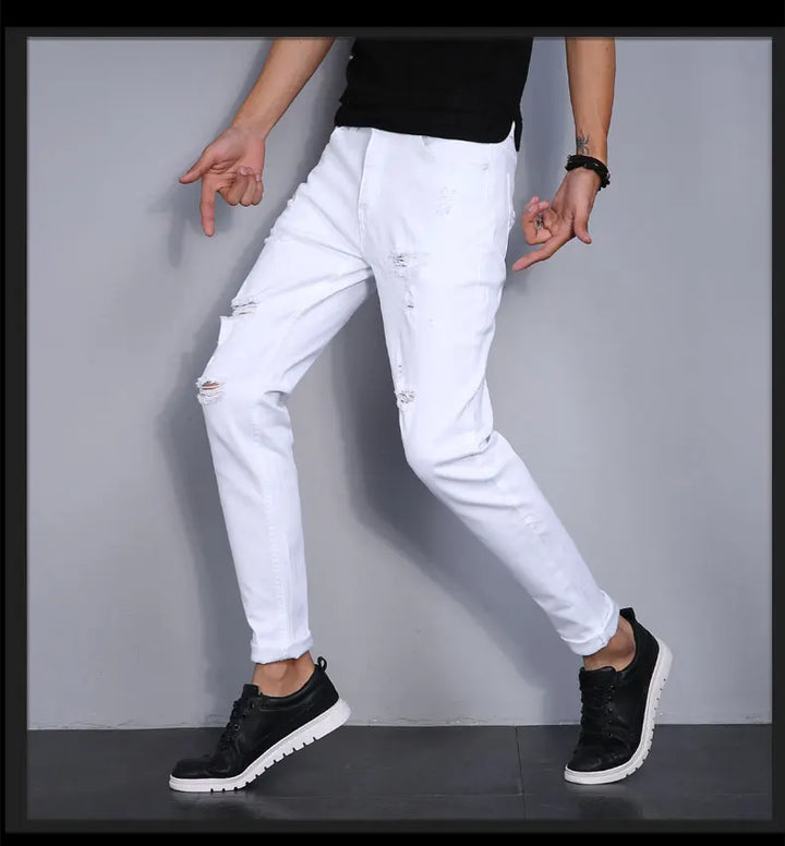 High Street Fashion Men Jeans White Elastic Stretch Skinny Jeans Korea Men Ripped Designer Hip Hop Denim Pants Hombre