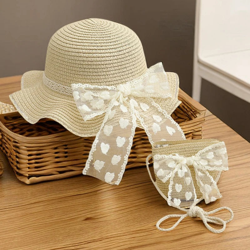 Pudcoco Infant Girl Summer Straw Hat and Bag Set Lace Bow Wide Brim Cap with Shoulder Bag for Beach