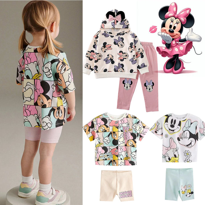 2PCS T-shirt and Pants Set Hoodie Kids Girl Autumn Disney Minnie Mouse Printed Pajamas Toddler 2-8Y Homwear Casual Outfits