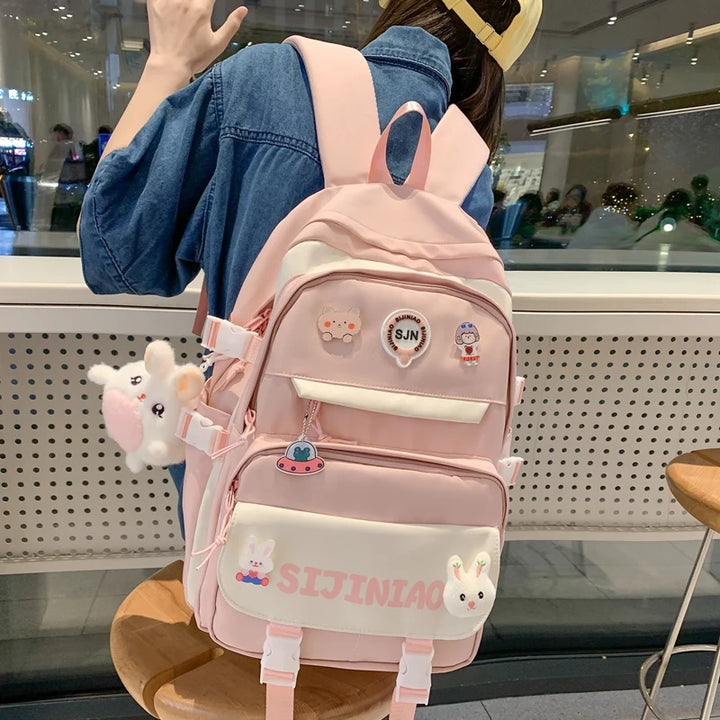 Girl Pink Harajuku Kawaii Badge Book Bag Women Travel School Bags Female Cute Nylon Laptop College Backpack Lady Student Fashion