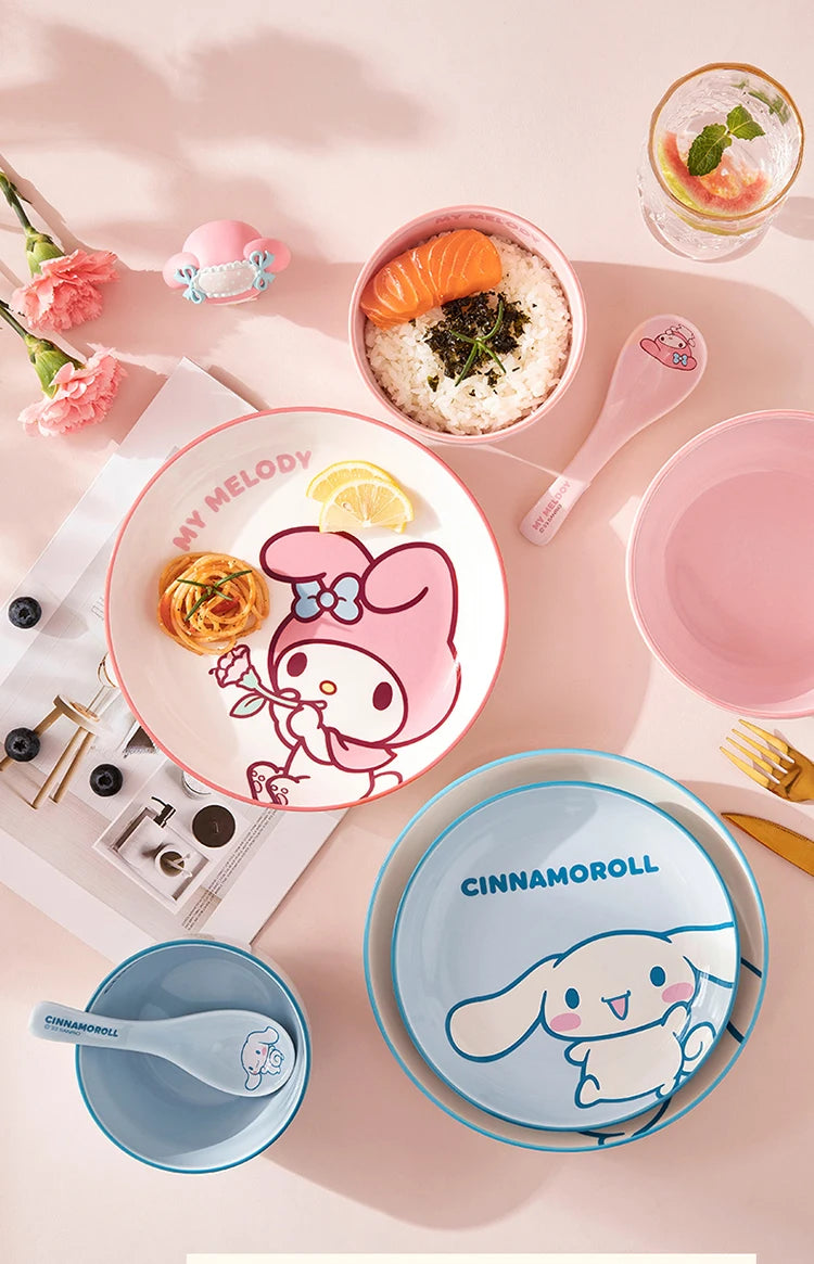 MINISO Sanrio Tableware Cinnamoroll Bowl Spoon Plate Children's Cute Ceramic Tableware Kitchen Utensil Set Food Storage Gifts